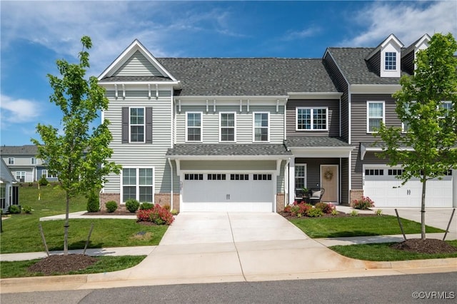 7025 Leire Dr, Chester, VA 23832 - view of property with driveway, an attached garage, brick siding, a front lawn, and a shingled roof