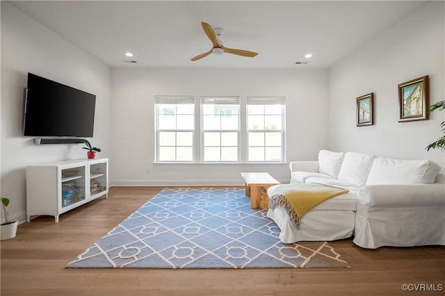 7025 Leire Dr, Chester, VA 23832 - living room featuring a ceiling fan, recessed lighting, wood finished floors, and baseboards