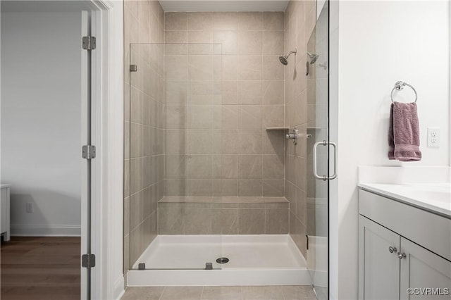 7025 Leire Dr, Chester, VA 23832 - bathroom featuring a shower stall, vanity, and baseboards