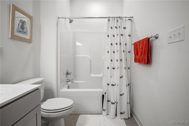 7025 Leire Dr, Chester, VA 23832 - full bathroom with shower / tub combo with curtain, toilet, vanity, and tile patterned flooring