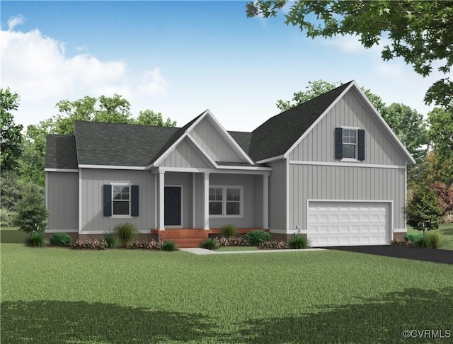 1343 Buckners Ln, Mineral, VA 23117 - craftsman inspired home featuring covered porch, an attached garage, a front lawn, driveway, and a shingled roof