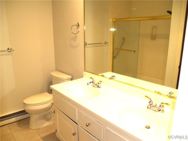 11001 Old Church Rd, New Kent, VA 23124 - full bath with a baseboard radiator, toilet, tile patterned flooring, double vanity, and an enclosed shower