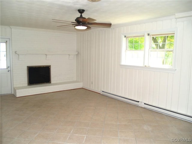 11001 Old Church Rd, New Kent, VA 23124 - unfurnished living room with a baseboard radiator, a ceiling fan, a fireplace, and crown molding