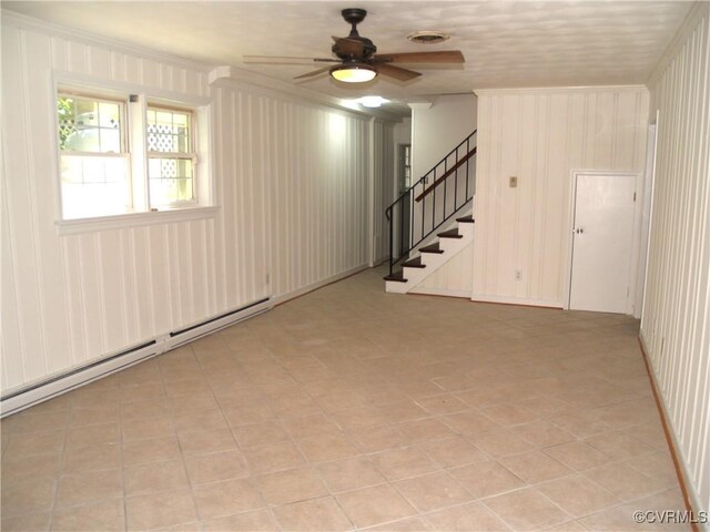 11001 Old Church Rd, New Kent, VA 23124 - unfurnished living room with stairway, ceiling fan, crown molding, and a baseboard radiator