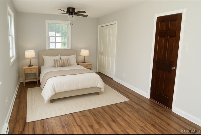 11001 Old Church Rd, New Kent, VA 23124 - bedroom featuring wood finished floors, a closet, and ceiling fan