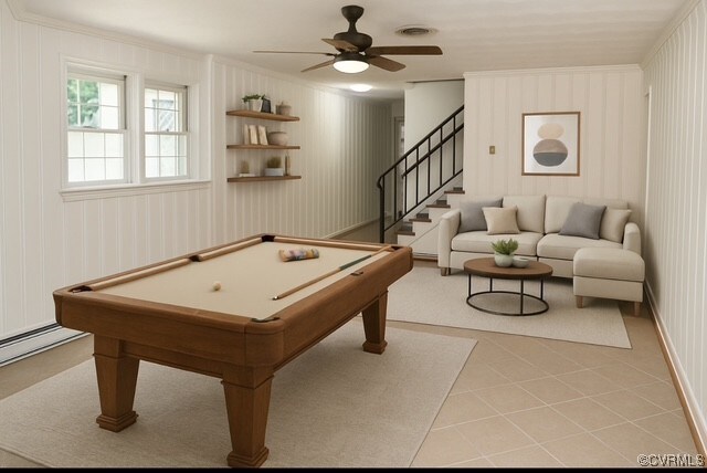 11001 Old Church Rd, New Kent, VA 23124 - playroom with crown molding, ceiling fan, billiards, tile patterned floors, and baseboard heating