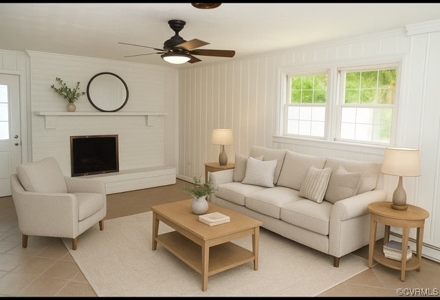 11001 Old Church Rd, New Kent, VA 23124 - living room with a ceiling fan, light tile patterned floors, and a fireplace