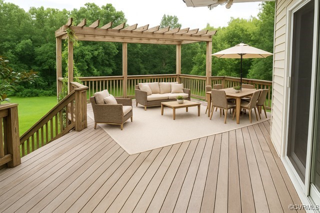 11001 Old Church Rd, New Kent, VA 23124 - deck with an outdoor living space, a pergola, outdoor dining area, and a lawn