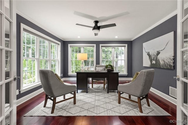 13908 Sunrise Bluff Rd, Midlothian, VA 23112 - office area featuring plenty of natural light, hardwood / wood-style floors, crown molding, ceiling fan, and recessed lighting