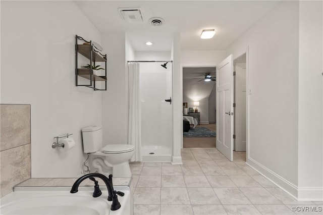 13908 Sunrise Bluff Rd, Midlothian, VA 23112 - bathroom with a stall shower, a ceiling fan, and tile patterned flooring