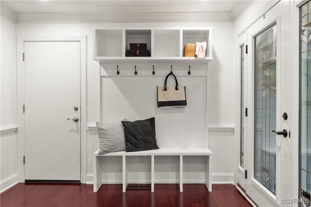 13908 Sunrise Bluff Rd, Midlothian, VA 23112 - mudroom featuring dark wood finished floors and crown molding