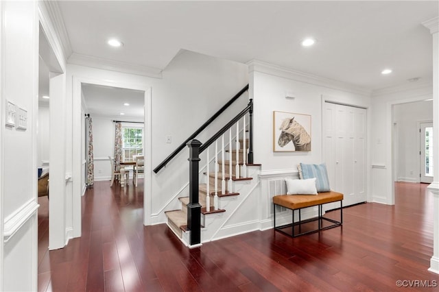 13908 Sunrise Bluff Rd, Midlothian, VA 23112 - foyer entrance with stairs, wood finished floors, crown molding, and recessed lighting