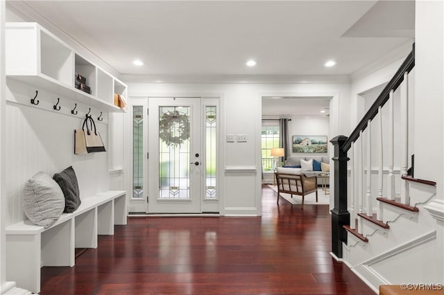 13908 Sunrise Bluff Rd, Midlothian, VA 23112 - mudroom featuring wood finished floors and ornamental molding