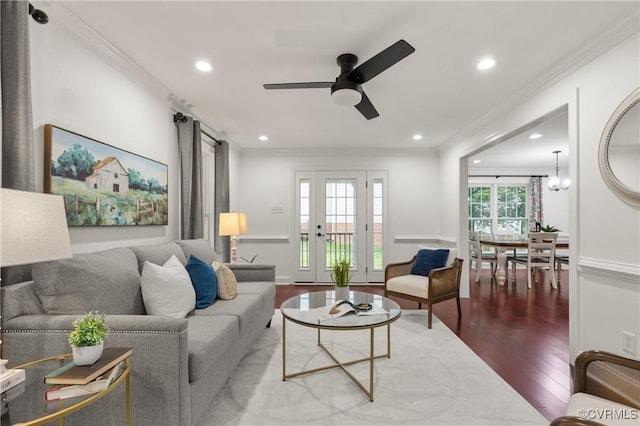 13908 Sunrise Bluff Rd, Midlothian, VA 23112 - living area featuring wood finished floors, ceiling fan, ornamental molding, recessed lighting, and a wainscoted wall