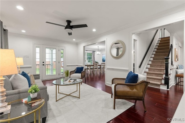 13908 Sunrise Bluff Rd, Midlothian, VA 23112 - living area featuring stairs, ceiling fan, wood finished floors, crown molding, and recessed lighting