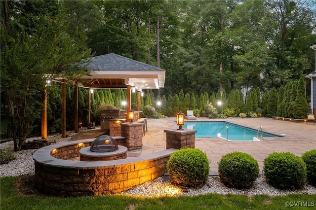 13908 Sunrise Bluff Rd, Midlothian, VA 23112 - outdoor pool featuring a fire pit, a gazebo, a patio, and area for grilling