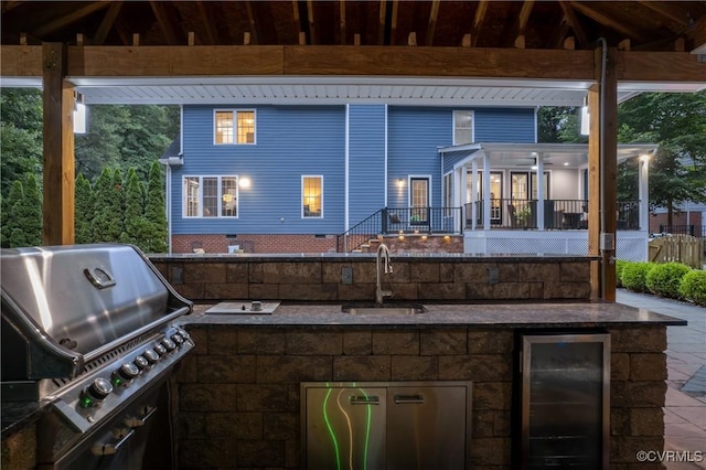13908 Sunrise Bluff Rd, Midlothian, VA 23112 - view of patio featuring beverage cooler, an outdoor kitchen, a gazebo, and a sunroom
