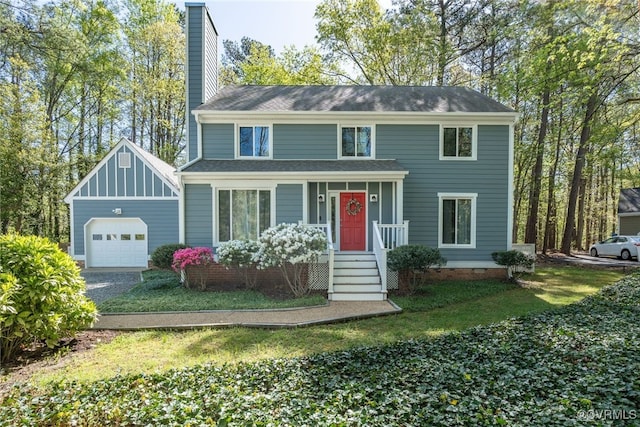 2805 Meeting Gate Ct, Chesterfield, VA 23112 - view of front of home featuring a garage, a chimney, driveway, a front lawn, and crawl space