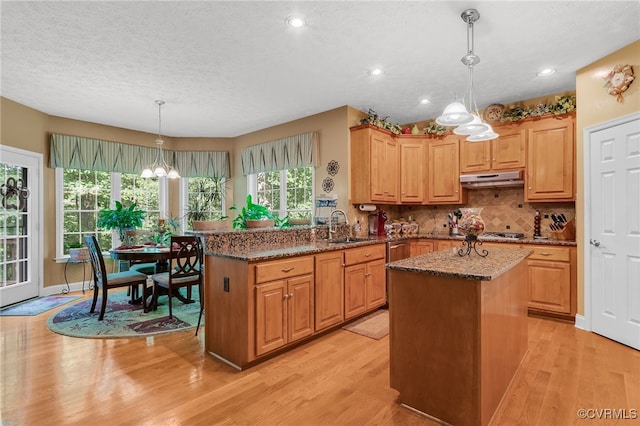 12300 Wynnstay Ln, Chesterfield, VA 23838 - kitchen featuring a sink, under cabinet range hood, light wood-type flooring, dark stone countertops, and a textured ceiling