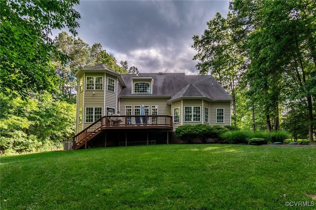 12300 Wynnstay Ln, Chesterfield, VA 23838 - rear view of house featuring a deck, a yard, stairs, and central AC
