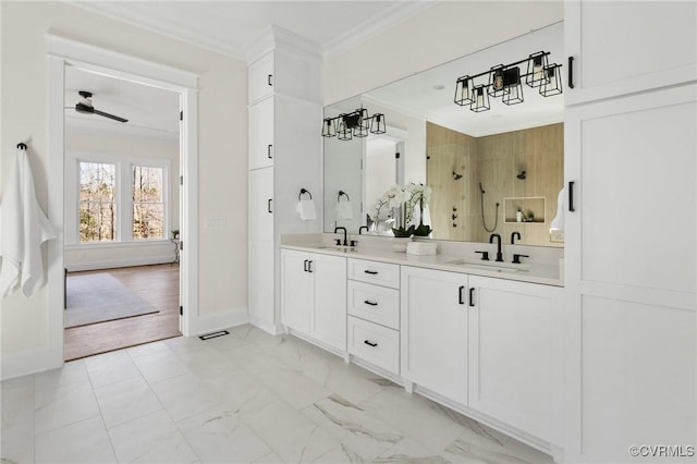 1570 Huntington Woods Trl, Powhatan, VA 23139 - full bathroom with double vanity, crown molding, an enclosed shower, and baseboards