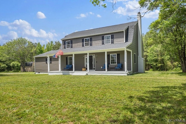 16619 Jefferson Hwy, Bumpass, VA 23024 - view of front of house featuring a porch, a front lawn, a shingled roof, and a chimney