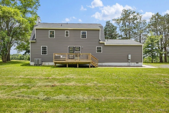 16619 Jefferson Hwy, Bumpass, VA 23024 - rear view of house with central AC, a deck, a lawn, a chimney, and roof with shingles