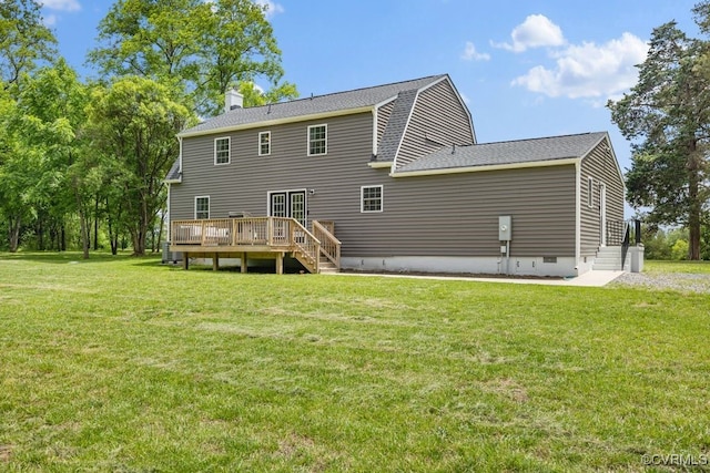 16619 Jefferson Hwy, Bumpass, VA 23024 - back of property with a wooden deck, a yard, a chimney, roof with shingles, and stairway