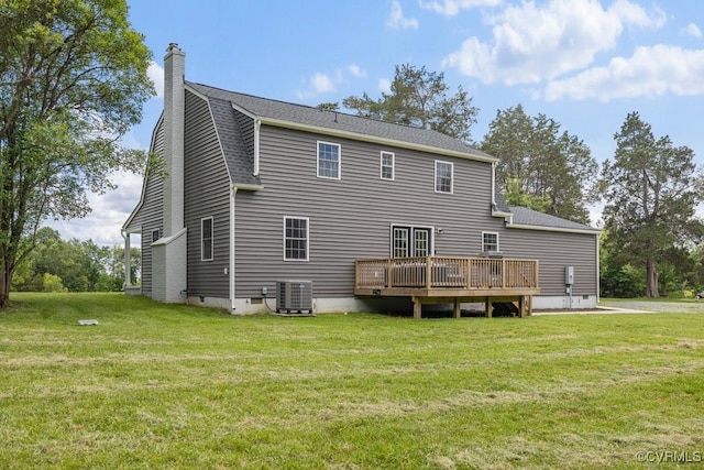 16619 Jefferson Hwy, Bumpass, VA 23024 - rear view of house with a wooden deck, cooling unit, a lawn, and a chimney