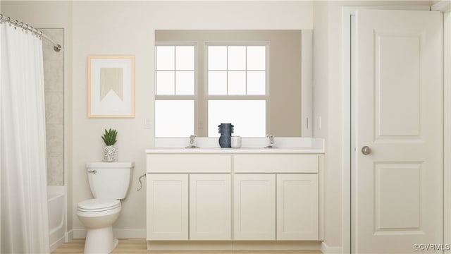 6641 Cassia Loop, Moseley, VA 23120 - full bath featuring toilet, shower / bath combo with shower curtain, double vanity, and baseboards