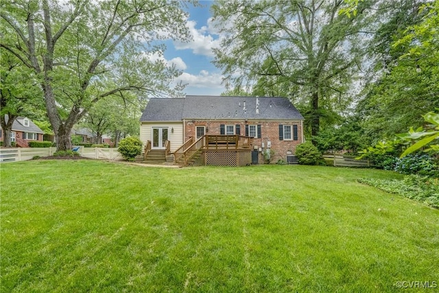 7400 Westfield Rd, Henrico, VA 23226 - back of property featuring french doors, a wooden deck, stairs, brick siding, and cooling unit