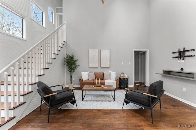 14323 Spring Gate Ct, Chesterfield, VA 23112 - living room featuring a high ceiling, stairs, wood finished floors, and baseboards