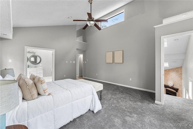 14323 Spring Gate Ct, Chesterfield, VA 23112 - bedroom featuring carpet floors, high vaulted ceiling, baseboards, ensuite bathroom, and ceiling fan