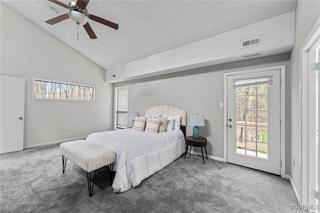 14323 Spring Gate Ct, Chesterfield, VA 23112 - bedroom with access to exterior, lofted ceiling, carpet flooring, a textured ceiling, and a ceiling fan
