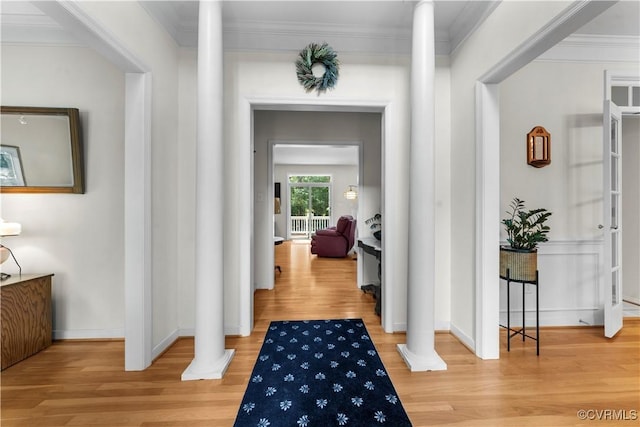 5158 Keitts Corner Rd, Mechanicsville, VA 23111 - corridor featuring ornate columns, wood finished floors, and ornamental molding