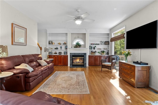 5158 Keitts Corner Rd, Mechanicsville, VA 23111 - living room with a ceiling fan, a premium fireplace, and light wood finished floors