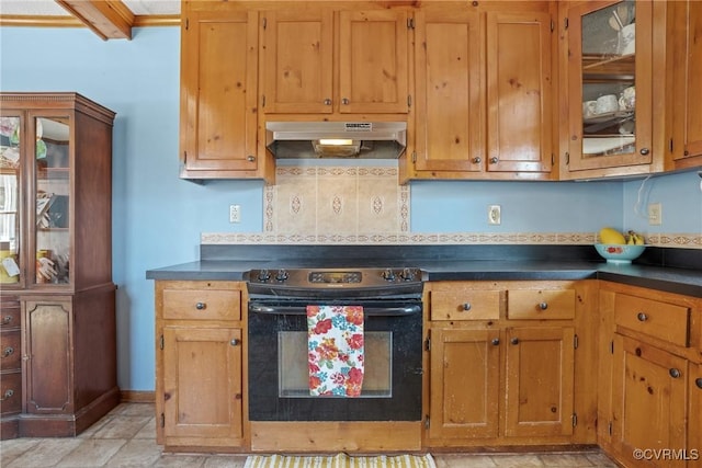 14401 Doctors Creek Rd, Lanexa, VA 23089 - kitchen featuring electric range, under cabinet range hood, dark countertops, and brown cabinets