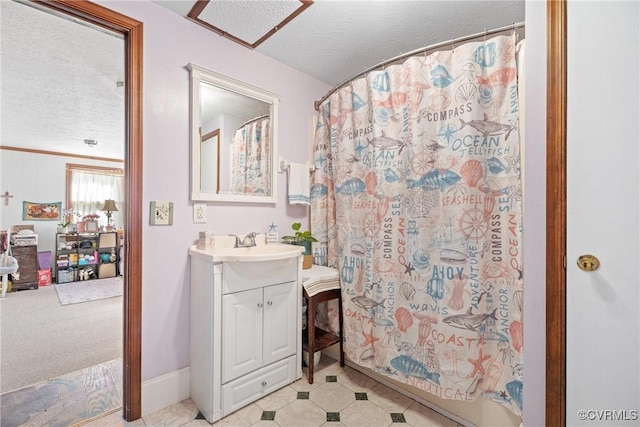14401 Doctors Creek Rd, Lanexa, VA 23089 - full bathroom featuring a textured ceiling, vanity, curtained shower, tile patterned flooring, and baseboards