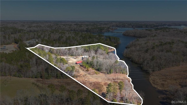 14401 Doctors Creek Rd, Lanexa, VA 23089 - view of property location with a nearby body of water, property boundaries highlighted, and a heavily wooded area