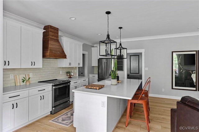 16319 Aklers Pl, Moseley, VA 23832 - kitchen featuring appliances with stainless steel finishes, premium range hood, ornamental molding, a breakfast bar, and tasteful backsplash
