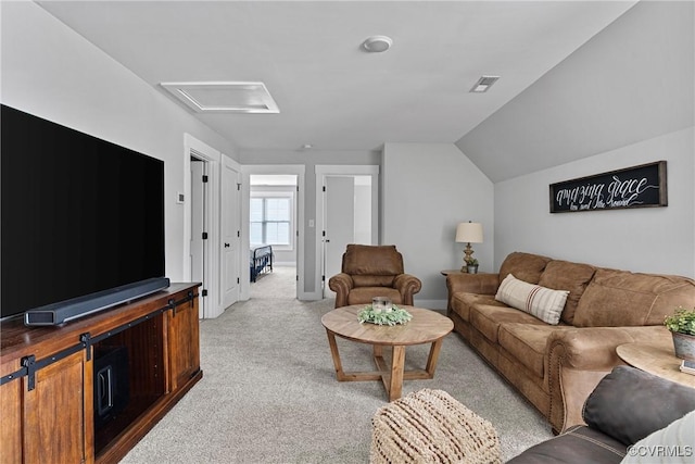 16319 Aklers Pl, Moseley, VA 23832 - living room with light colored carpet, baseboards, lofted ceiling, and attic access