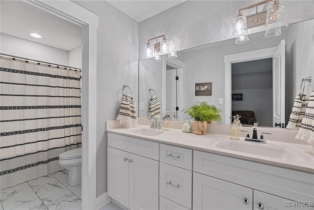 16319 Aklers Pl, Moseley, VA 23832 - bathroom featuring marble finish flooring, toilet, double vanity, and a shower with curtain