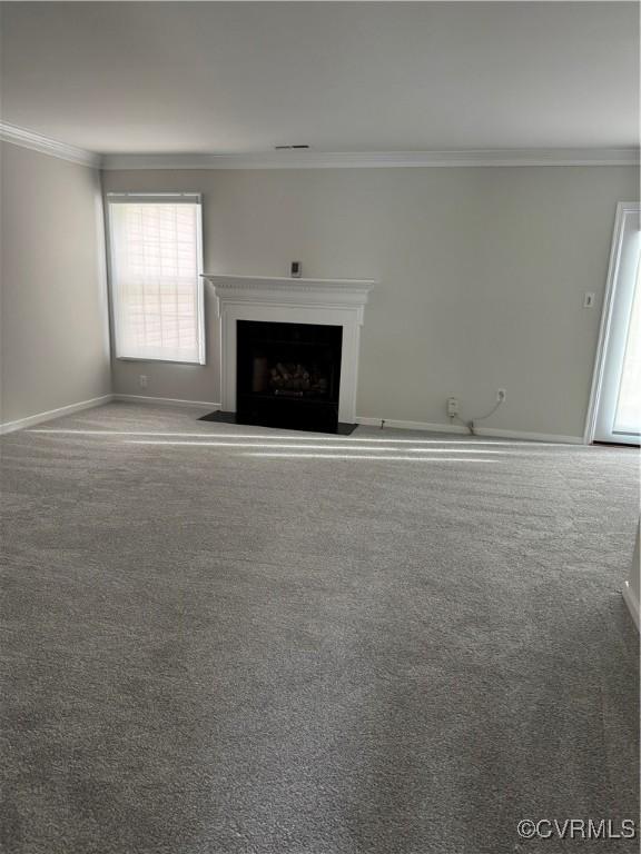 12003 Warrington Ct Unit 12003, Henrico, VA 23233 - unfurnished living room featuring ornamental molding, carpet flooring, baseboards, and a fireplace with raised hearth