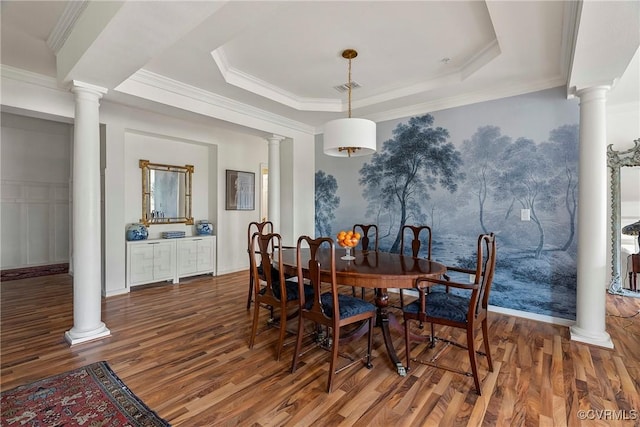 3401 Coles Point Way Unit A, Henrico, VA 23060 - dining space with wood finished floors, a tray ceiling, ornamental molding, and decorative columns