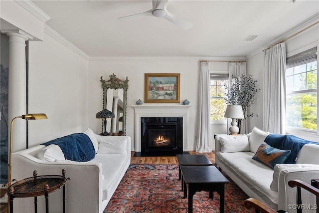 3401 Coles Point Way Unit A, Henrico, VA 23060 - living area with crown molding, ceiling fan, wood finished floors, and a fireplace with flush hearth