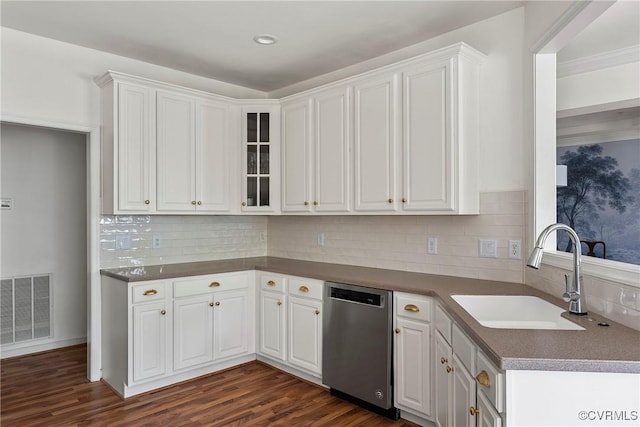 3401 Coles Point Way Unit A, Henrico, VA 23060 - kitchen featuring dishwasher, a sink, white cabinets, dark wood-type flooring, and glass insert cabinets