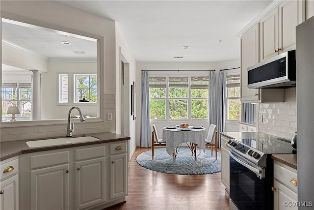 3401 Coles Point Way Unit A, Henrico, VA 23060 - kitchen featuring appliances with stainless steel finishes, a sink, dark countertops, decorative backsplash, and dark wood-type flooring