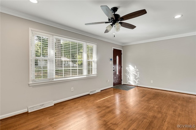 3411 Sylvania Rd, Chester, VA 23831 - empty room featuring ornamental molding, wood finished floors, baseboards, ceiling fan, and recessed lighting