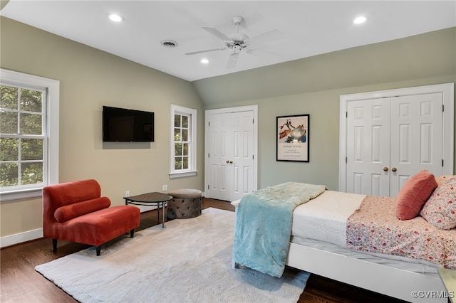 912 S Gaskins Rd, Henrico, VA 23238 - bedroom with multiple closets, wood finished floors, baseboards, recessed lighting, and ceiling fan