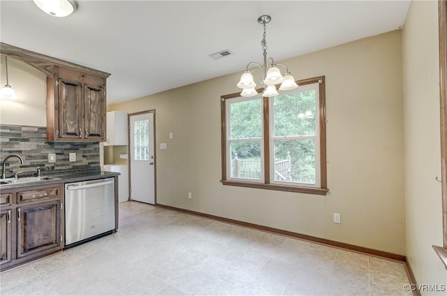 4509 Lockin Rd, Powhatan, VA 23139 - kitchen featuring dishwasher, a sink, dark countertops, decorative backsplash, and a chandelier